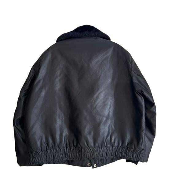 Vintage Black Twill Bomber Coat Mens Sz XL Nylon Faux Fur Collar Police Jacket - Picture 2 of 16